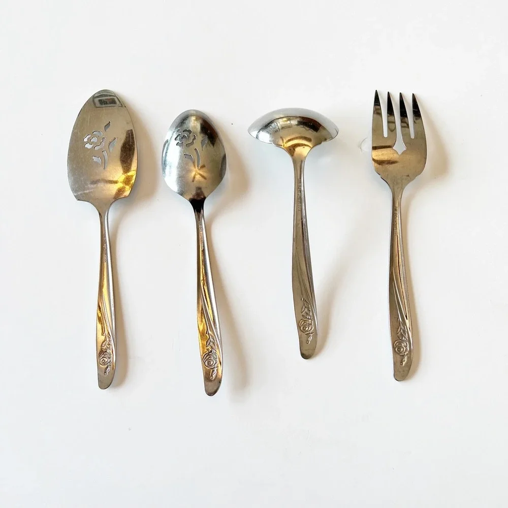 Oneida Stainless ROSEANNE 4 Piece Serving Ladle Pie Meat Fork Slotted Spoon
